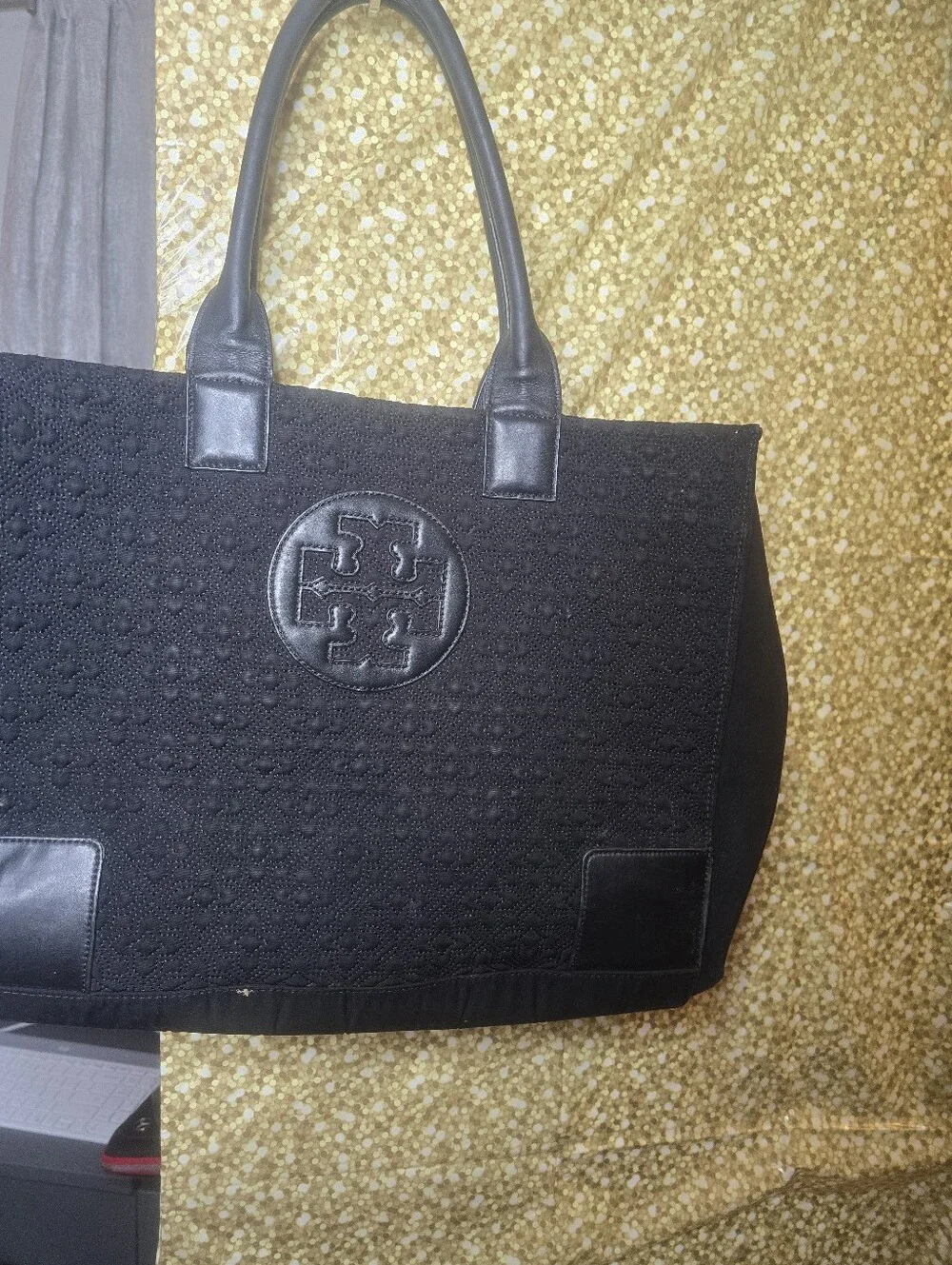 Tory Burch Black Quilted Logo Tote
